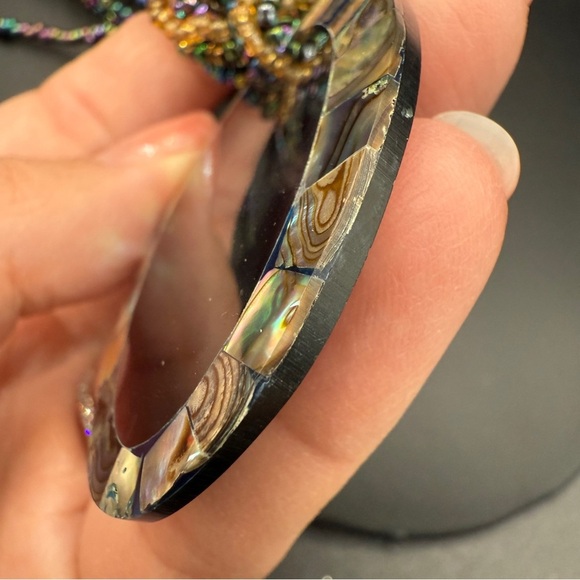 Multicolor Iridescent Seed Beaded Necklace with Large Abalone Shell Pendant - Picture 9 of 17